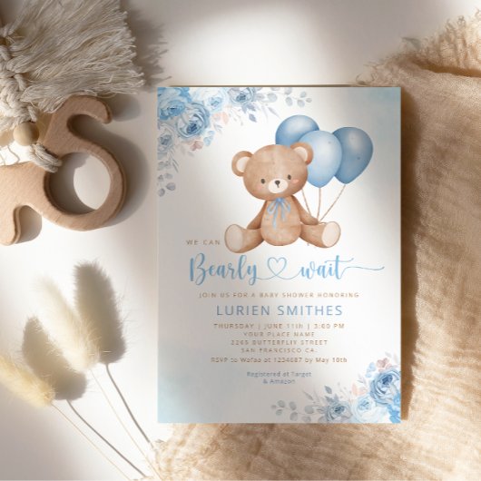 Invitation Aquarelle bleu moderne Boho Teddy Bear Baby shower