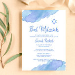 Invitation Aquarelle bleu moderne étoile de David BAT MITZVAH<br><div class="desc">Belles cartes d'invitation religieuse juive chauve (ou bar) Mitzvah. Aquarelle bleu clair avec étoile de David. Lettres de script modernes. 'Est appelé à la TORAH comme un Bat mitzvah' Préfet pour fille de 12 ans,  fille. Facile à modifier - il suffit d'ajouter vos informations / texte.</div>