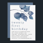 Invitation Aquarelle bleu moderne Folio Vingt et unième<br><div class="desc">Aquarelle bleu moderne Foliage Vingt-et-unième. Artsy grande aquarelle bleu profond feuilles décorent le dessus et le titre est grand en bas dans élégant minuscule avec les détails au fond. Personnalisez facilement le texte à vos propres détails.</div>