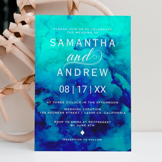 Invitation Aquarelle bleu moderne turquoise élégant mariage