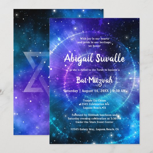 Invitation Aquarelle bleu moderne violet Bat mitzvah Galaxy (Devant / Derrière)