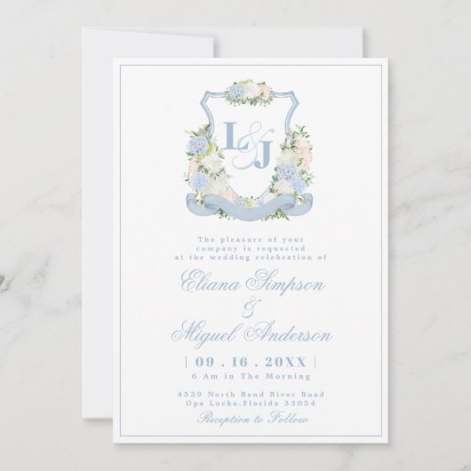 Invitation Aquarelle bleu Monogram Crest Mariage (Devant)