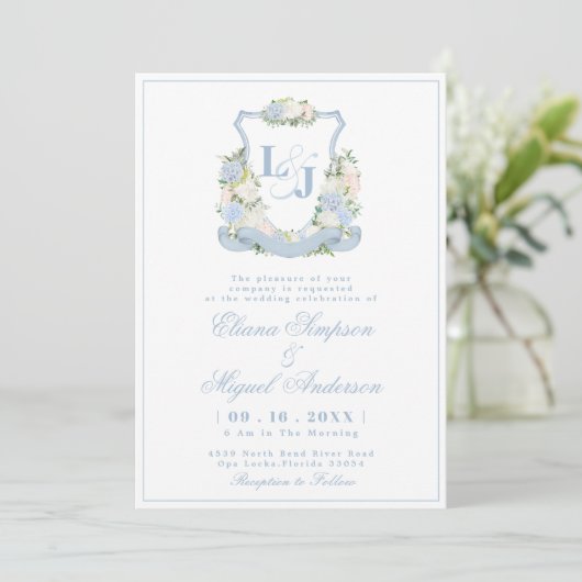 Invitation Aquarelle bleu Monogram Crest Mariage (Debout devant)