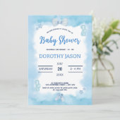 Invitation Aquarelle bleu nuage pastel brosse bébé garçon dou (Debout devant)