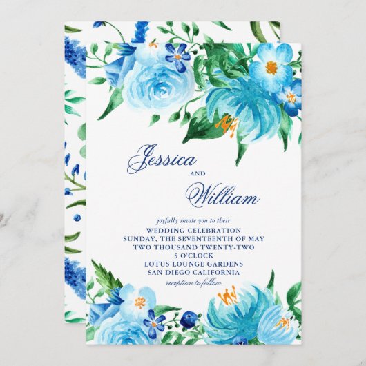 Invitation Aquarelle bleu nuances Mariage (Devant / Derrière)