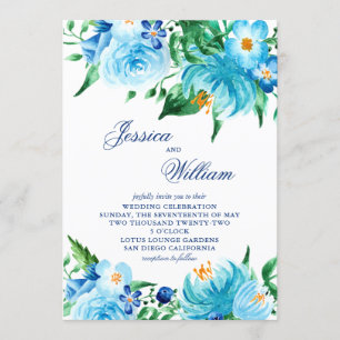 Invitation Aquarelle bleu nuances Mariage