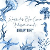 Invitation Aquarelle Bleu Océan Sous-marin Animaux Anniversai