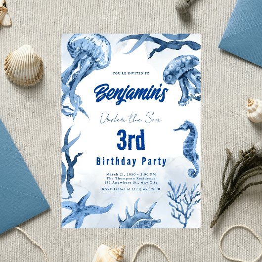 Invitation Aquarelle Bleu Océan Sous-marin Animaux Anniversai