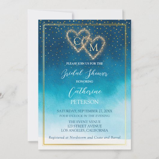 Invitation Aquarelle Bleu Océan Vagues Avec Mariage Monogramm (Devant)
