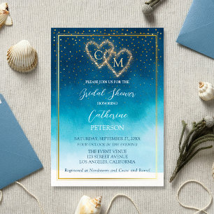 Invitation Aquarelle Bleu Océan Vagues Avec Mariage Monogramm