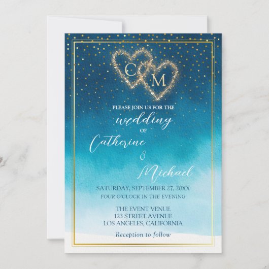 Invitation Aquarelle Bleu Océan Vagues Avec Mariage Monogramm (Devant)