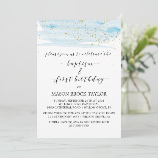 Invitation Aquarelle Bleu & Or Baptême & 1er anniversaire (Debout devant)