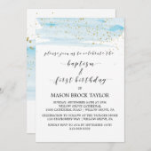 Invitation Aquarelle Bleu & Or Baptême & 1er anniversaire (Devant / Derrière)