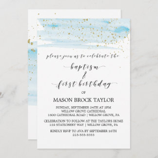 Invitation Aquarelle Bleu & Or Baptême & 1er anniversaire