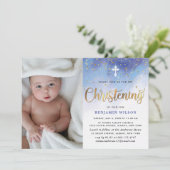 Invitation Aquarelle bleu & or Bébé (Debout devant)