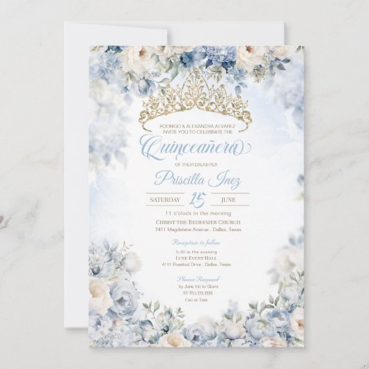 Invitation Aquarelle bleu or élégant Floral Quinceañera (Devant)