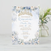 Invitation Aquarelle bleu or élégant Floral Quinceañera (Debout devant)