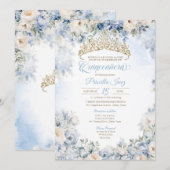 Invitation Aquarelle bleu or élégant Floral Quinceañera (Devant / Derrière)
