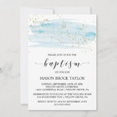 Invitation Aquarelle Bleu & Or Étincelle Baptême (Devant)