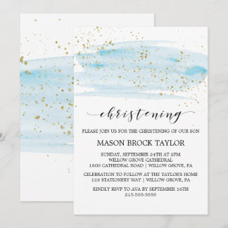 Invitation Aquarelle Bleu & Or Étincelle Christening
