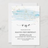 Invitation Aquarelle Bleu & Or Étincelle Premier anniversaire (Devant)