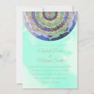 Invitation Aquarelle bleu or Mandala