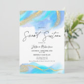 Invitation Aquarelle bleu or parties scintillant photo Sweet  (Debout devant)