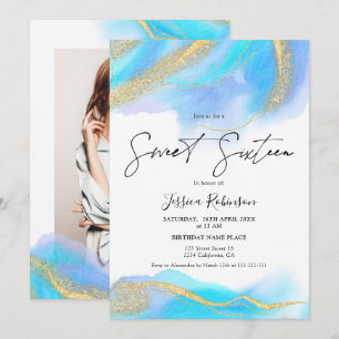 Invitation Aquarelle bleu or parties scintillant photo Sweet 
