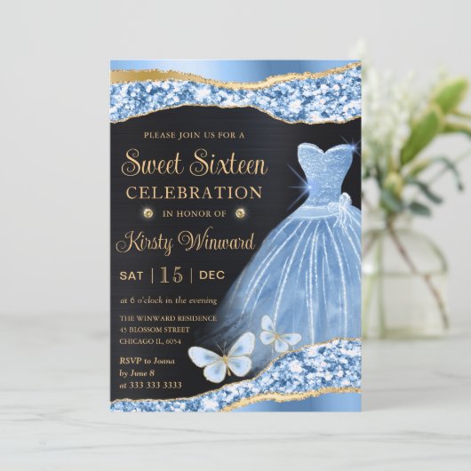Invitation Aquarelle Bleu & Or Parties scintillant robe Sweet (Debout devant)