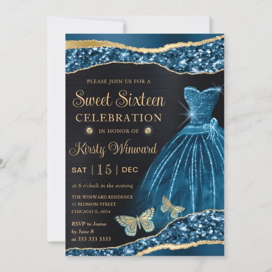 Invitation Aquarelle Bleu & Or Parties scintillant robe Sweet (Devant)