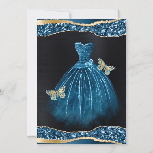 Invitation Aquarelle Bleu & Or Parties scintillant robe Sweet (Dos)