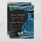 Invitation Aquarelle Bleu & Or Parties scintillant robe Sweet (Devant / Derrière)
