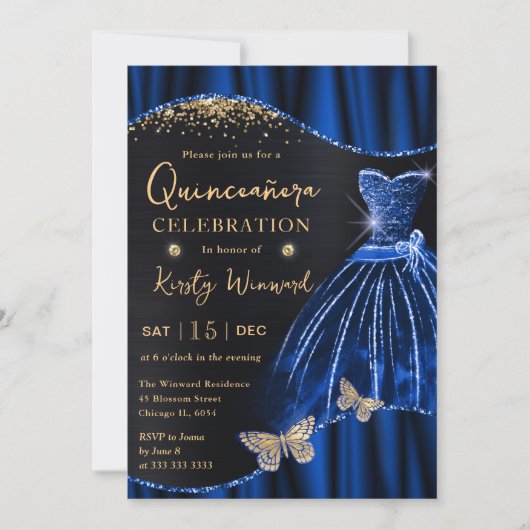 Invitation Aquarelle Bleu & Or Robe Parties scintillant Quinc (Devant)