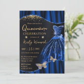 Invitation Aquarelle Bleu & Or Robe Parties scintillant Quinc (Debout devant)