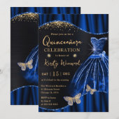 Invitation Aquarelle Bleu & Or Robe Parties scintillant Quinc (Devant / Derrière)