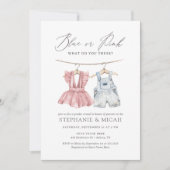 Invitation Aquarelle bleu ou rose Vêtements de bébé Révélatio (Devant)