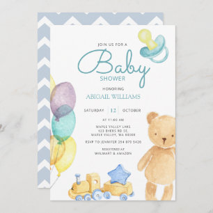 Invitation Aquarelle Bleu Ours & Balloon - Baby shower mignon