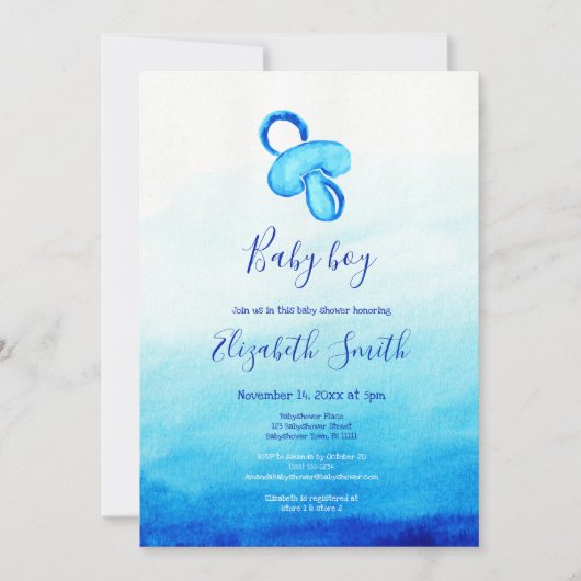 Invitation Aquarelle bleu pacifier bébé douche (Devant)