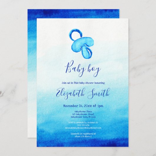 Invitation Aquarelle bleu pacifier bébé douche (Devant / Derrière)