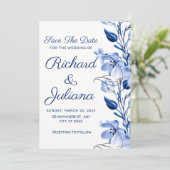 Invitation aquarelle bleu pâle floral bleu marine bleu mariag (Debout devant)