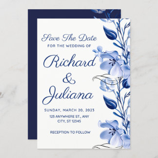 Invitation aquarelle bleu pâle floral bleu marine bleu mariag