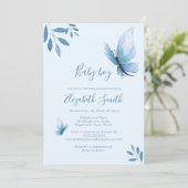 Invitation Aquarelle bleu papillon fleuri babyshower (Debout devant)