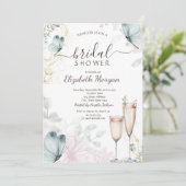 Invitation Aquarelle Bleu Papillons Champagne Verre (Debout devant)