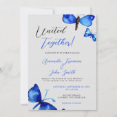 Invitation Aquarelle Bleu Papillons Mariage vibrant (Devant)