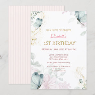 Invitation Aquarelle Bleu Papillons Pink Striday