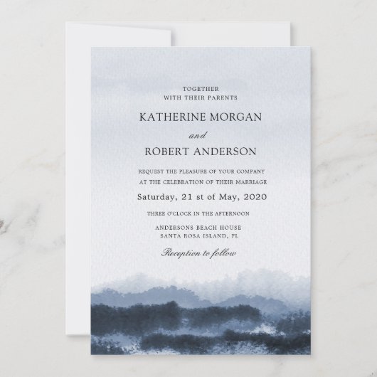 Invitation Aquarelle bleu paysage nature inspiré Mariage (Devant)