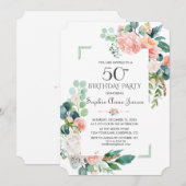 Invitation Aquarelle Bleu Peonies Cadre 50e anniversaire (Devant / Derrière)