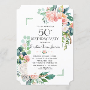 Invitation Aquarelle Bleu Peonies Cadre 50e anniversaire