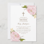 Invitation Aquarelle Bleu Peonies roses Christening Invitatio (Devant)