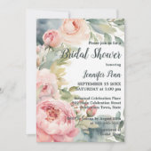 Invitation Aquarelle Bleu Pink Peonies Fête des mariées cadre (Devant)